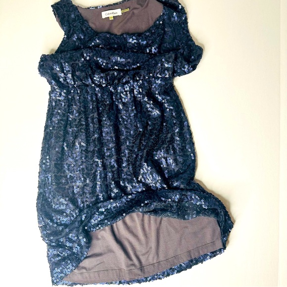 🍓Calvin Klein Mini Sequined Blue T-shirt lined Dress Sleeveless Elastic Waist S - Picture 10 of 13